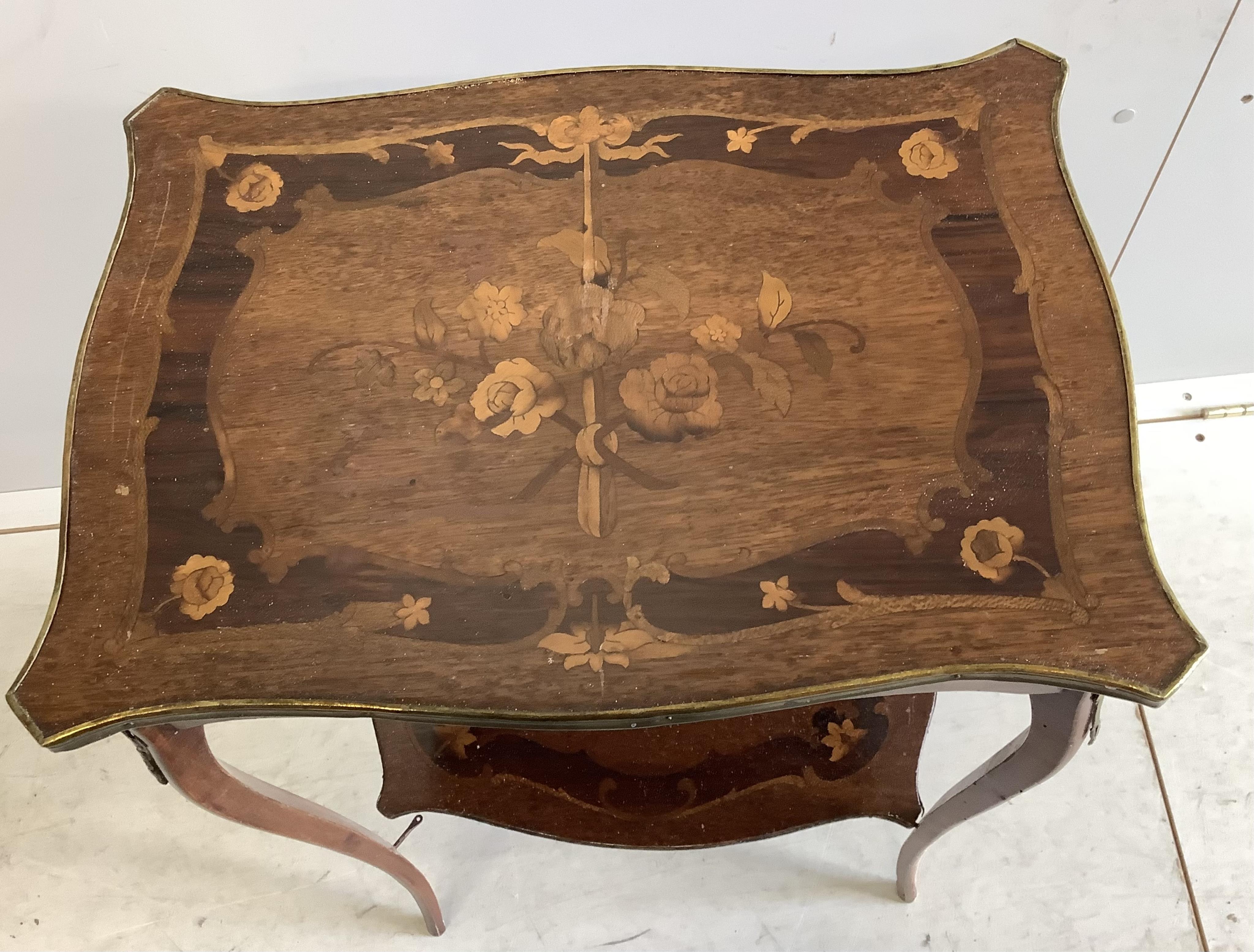 A 19th century French marquetry inlaid and gilt metal mounted kingwood two tier occasional table, width 52cm, depth 37cm, height 72cm together with a small French inlaid kingwood bedside chest. Condition - poor to fair